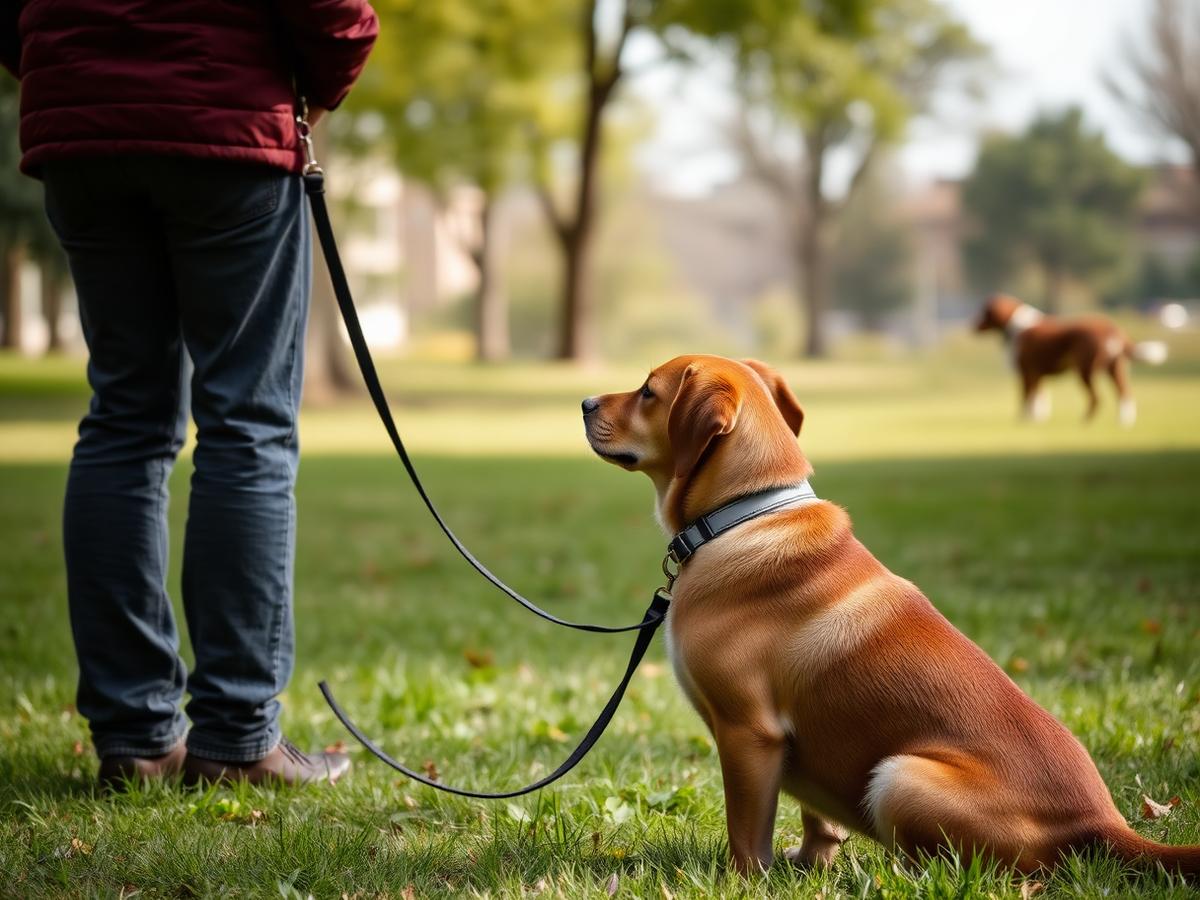 Dog calmly observing another dog while staying connected to its owner