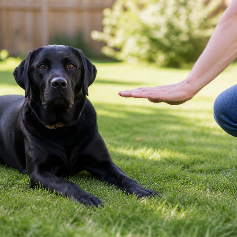 Dog lying down while owner points toward the floor