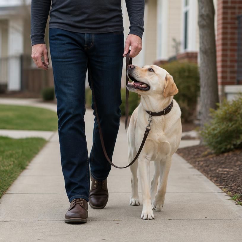 Dog walking beside owner on a loose leash
