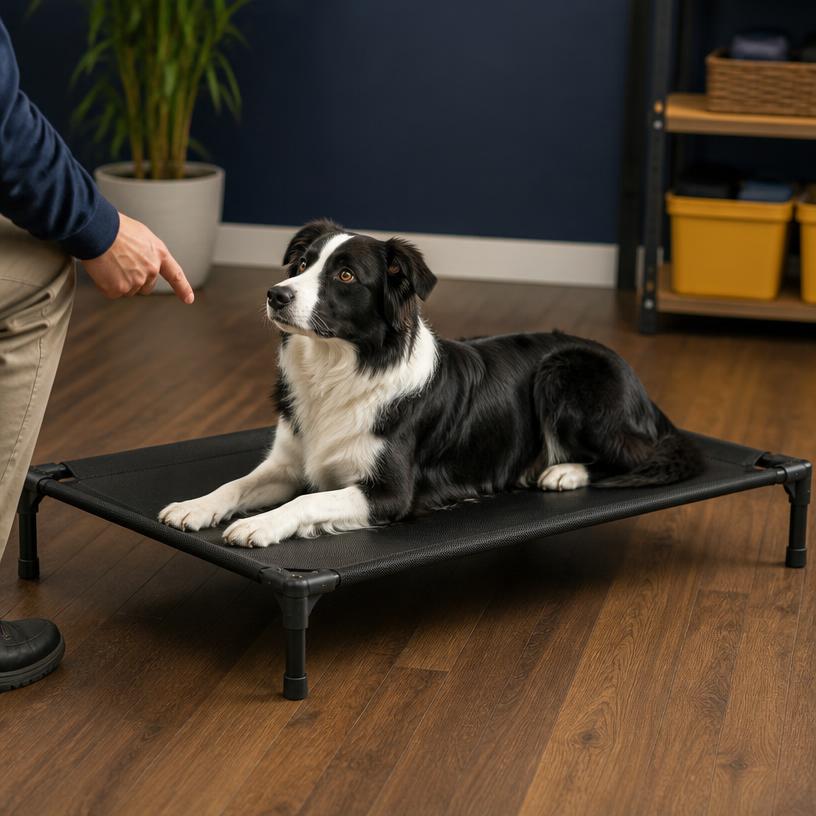 Dog on an elevated cot while owner points to the cot