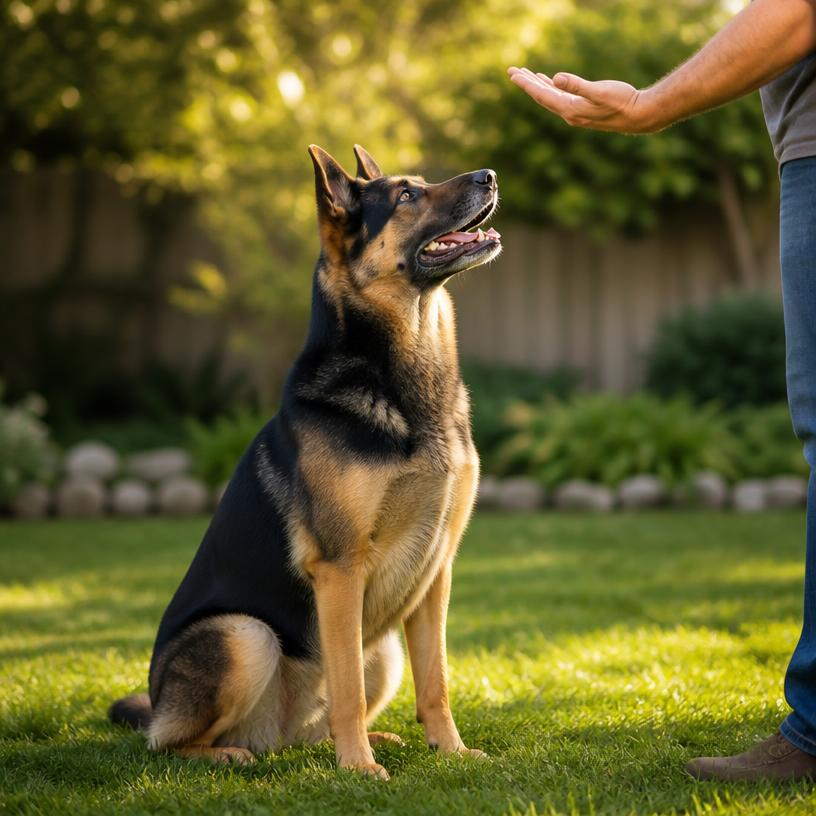 Dog sitting while owner gives an upward sit hand signal