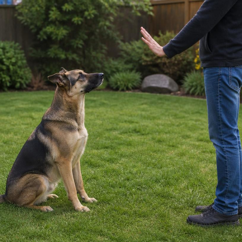 Dog holding position while owner holds an open palm out