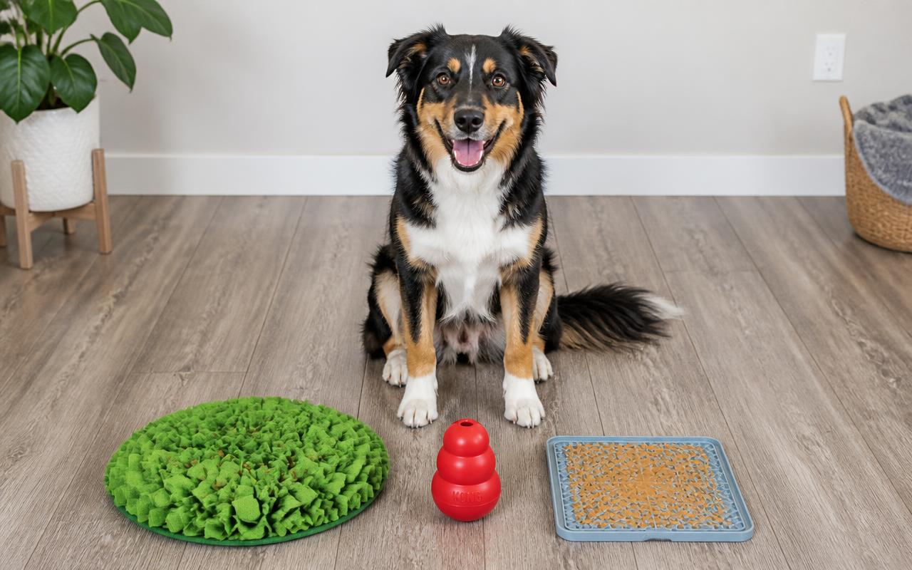 Dog sitting with a snuffle mat, classic Kong toy and lick mat