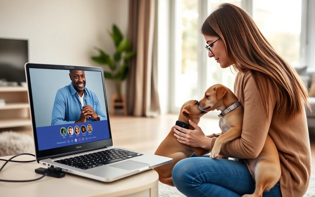 Owner and puppy on a virtual Google Meet consult