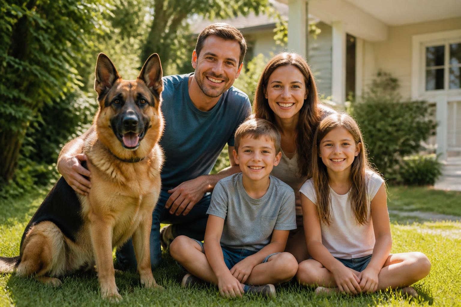 German Shepherd sitting with a family in a sunny backyard