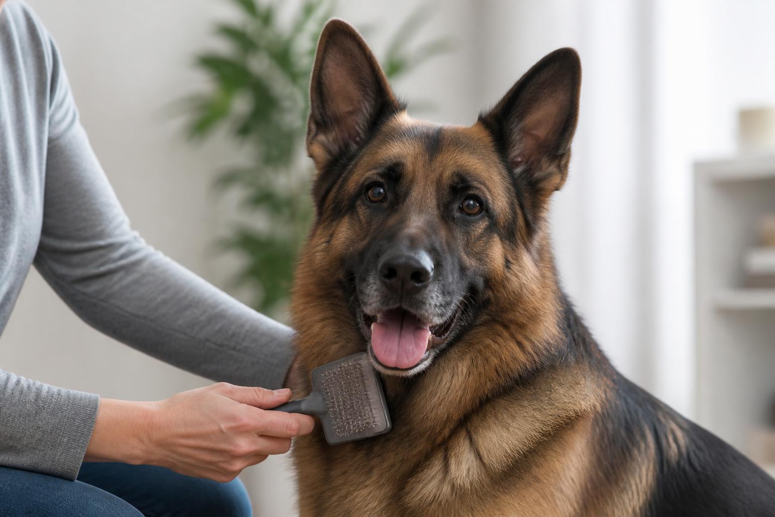 German Shepherd being brushed with a slicker brush indoors