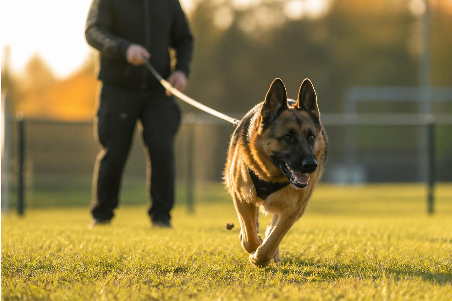 German Shepherd training and running outdoors on a leash