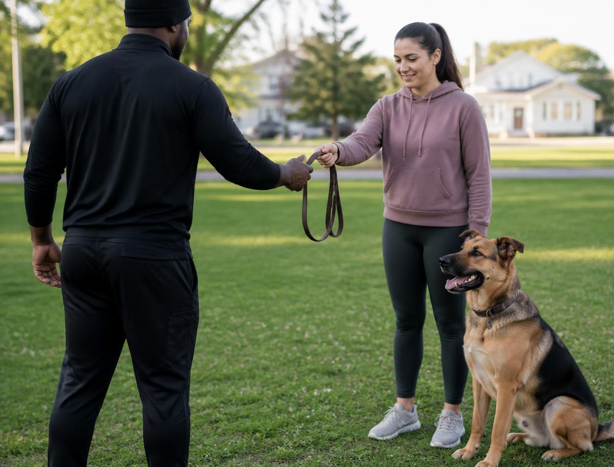 Trainer taking the leash from an owner to begin a session with an adult dog