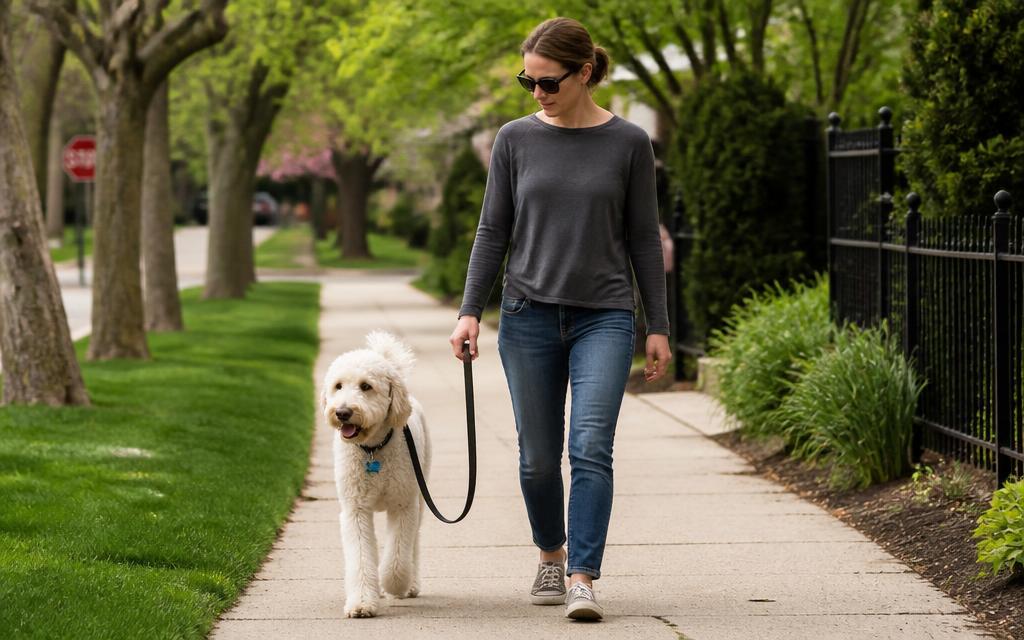 Owner walking a dog calmly on a loose leash