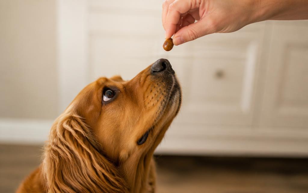 Owner's hand holding a food lure as a dog follows it