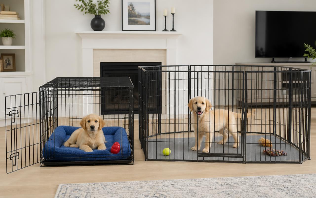 Black wire crate with a golden puppy on a tan bed beside a black metal X-pen with a golden dog on a blue bed