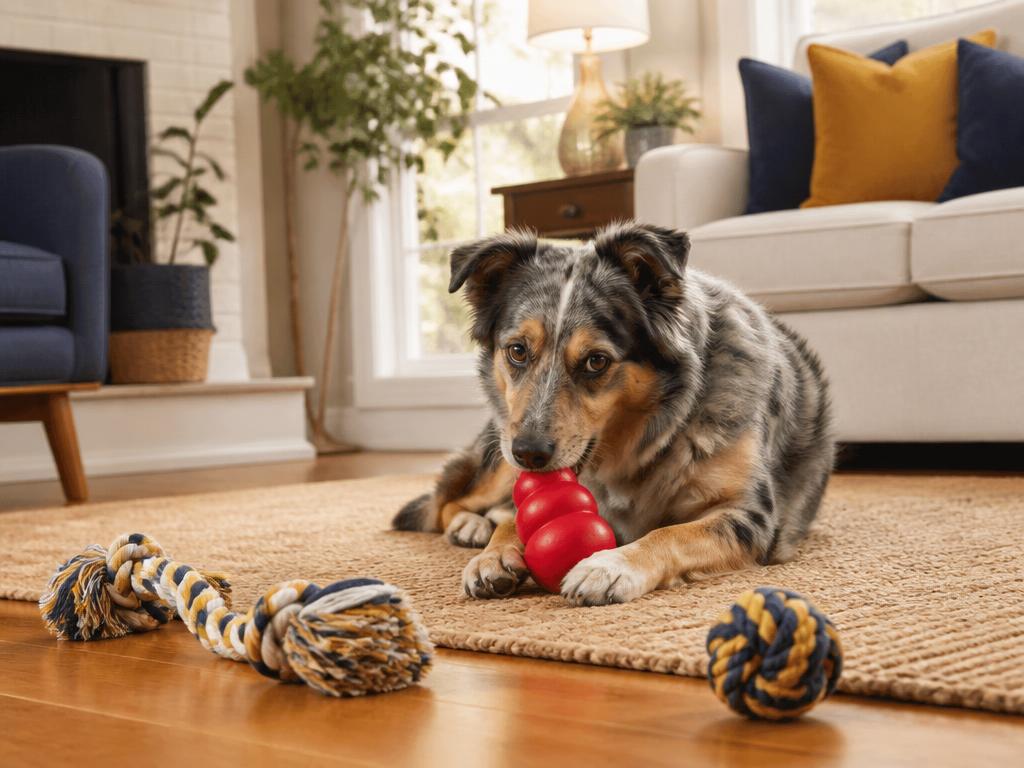 Adult dog relaxing on a training mat beside enrichment toys