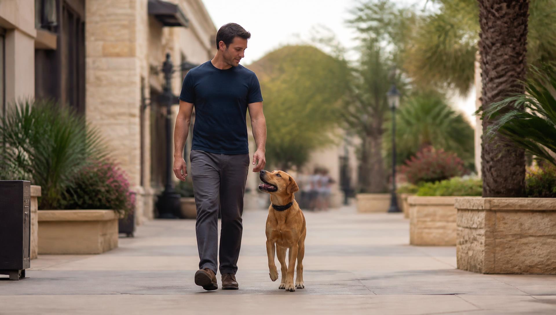 Adult dog walking calmly off leash beside its owner along an upscale open-air shopping walkway in San Antonio