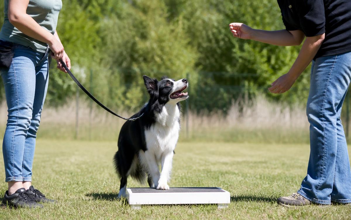 Owner handling their adult dog while the trainer coaches nearby