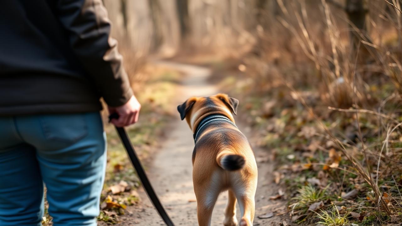 Adolescent dog wearing a Y-front harness with a long biothane line attached, walking on grass