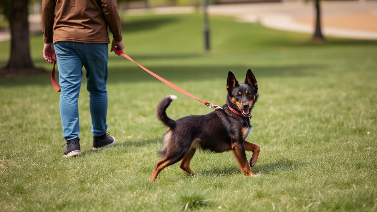 Adolescent dog on a long line in a field looking back toward its owner