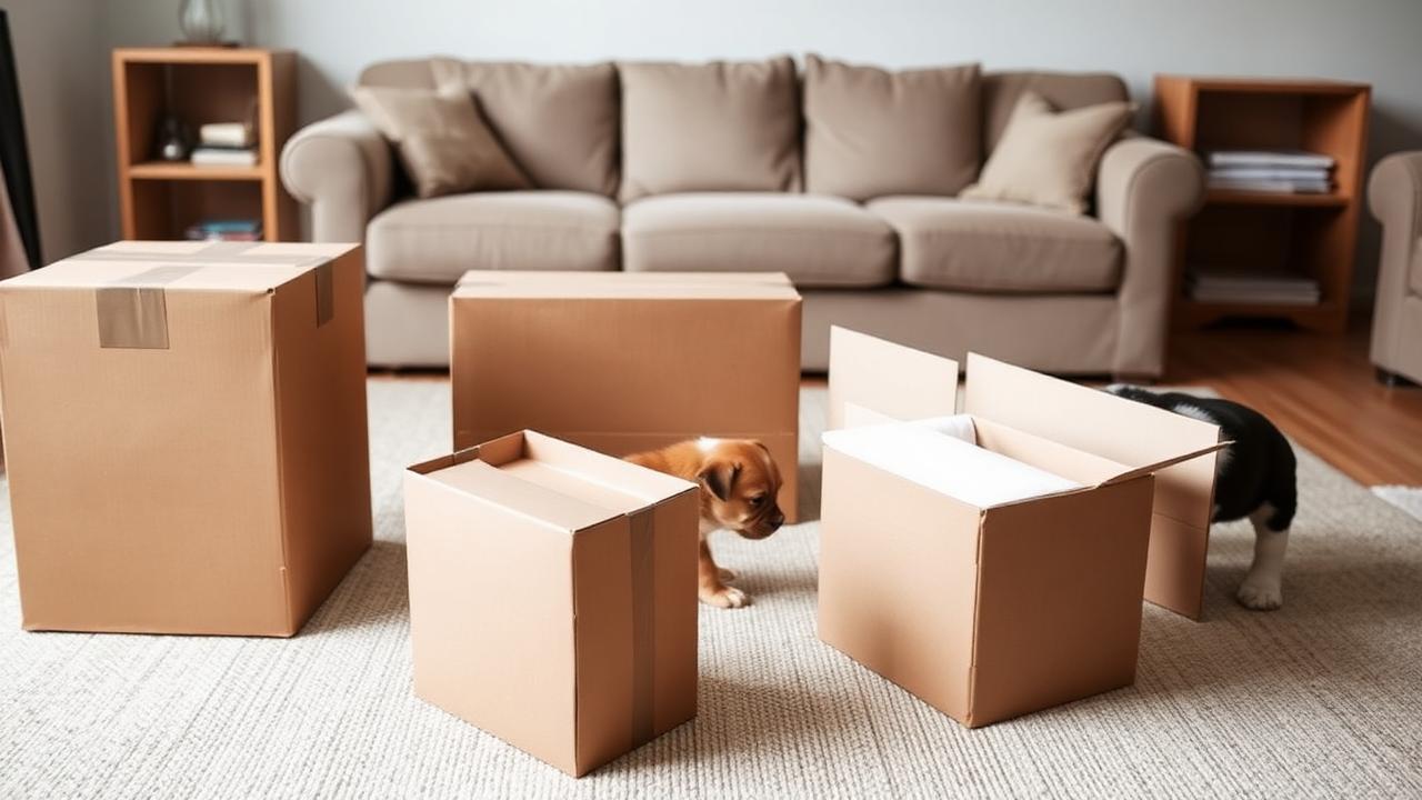 Plain cardboard boxes, a rolled yoga mat and a cushion arranged as a simple obstacle course in a living room with a puppy exploring