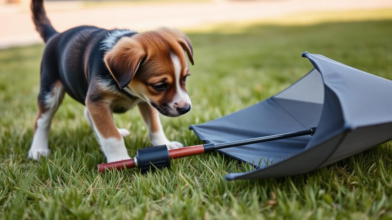 Puppy sniffing a novel object lying on the grass from a comfortable distance with relaxed posture
