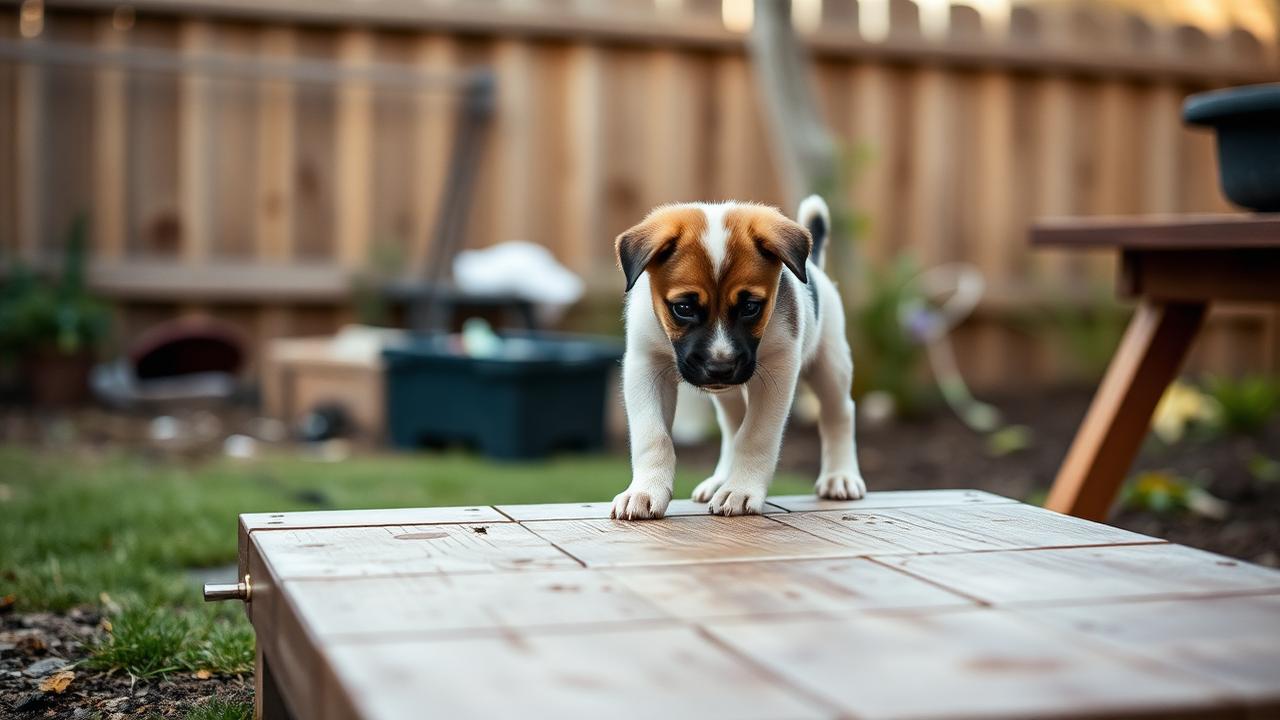 Puppy cautiously stepping onto a low wooden platform in a backyard