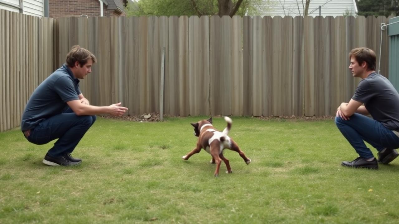 Two people crouching far apart in a fenced backyard while a dog runs between them