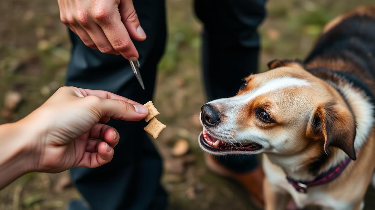 Hand feeding several small treats one at a time to a dog standing close beside a person's legs outdoors