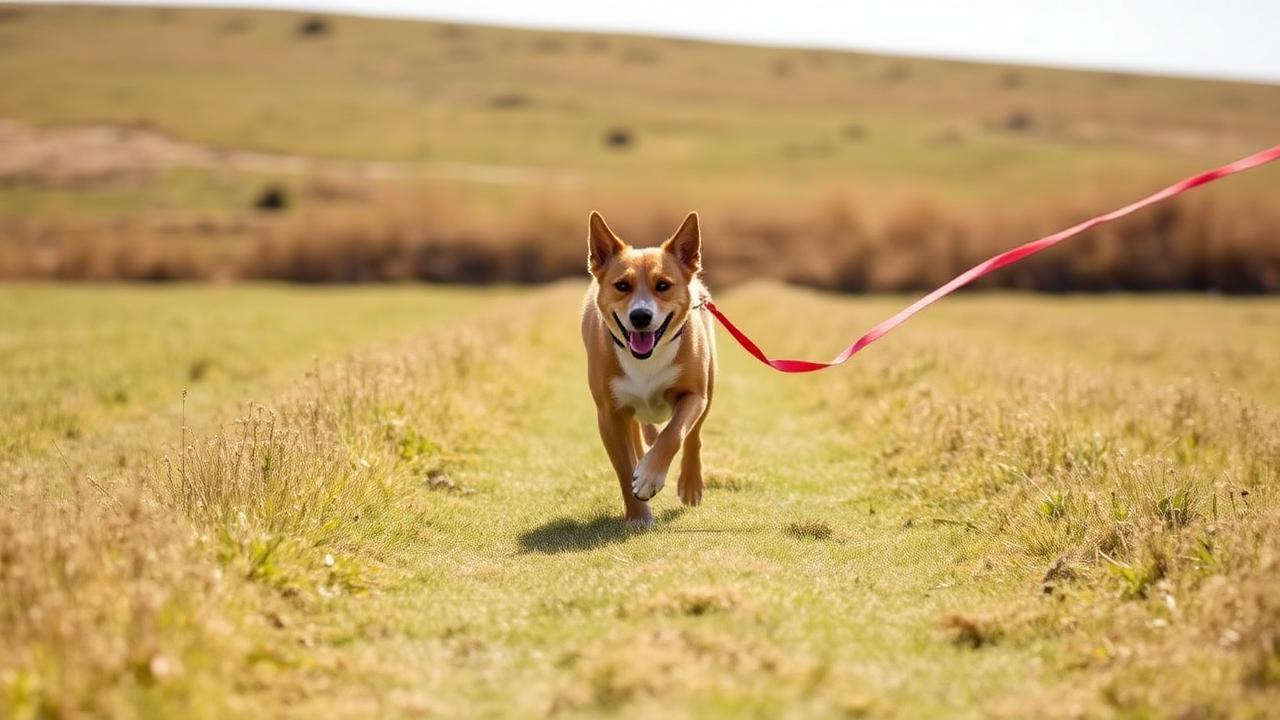 Dog running toward the camera across a field with a long line trailing