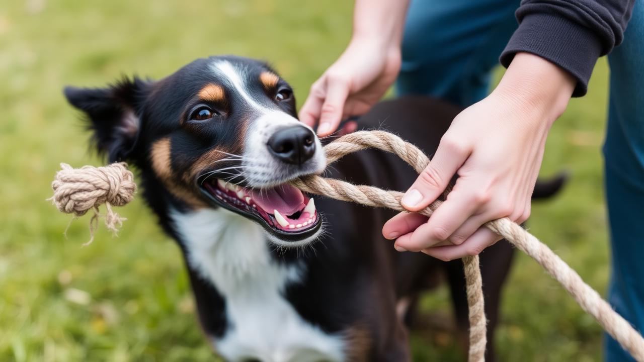 Dog happily playing tug with a rope toy held by a person's hands outdoors on grass