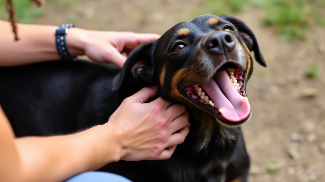 Person's hands giving a dog a chest scratch while the dog leans in happily outdoors