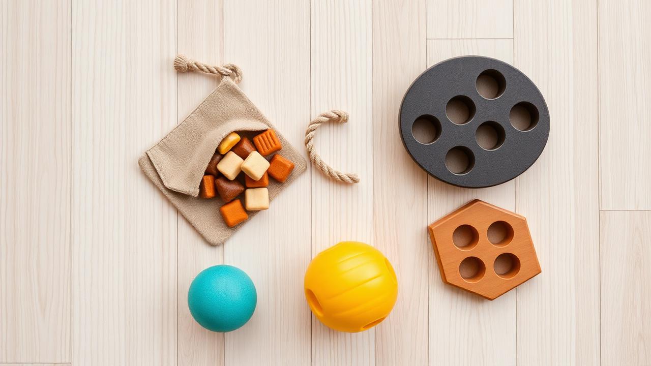 Training treats, a tug toy, a ball and a food puzzle laid out on a wooden surface