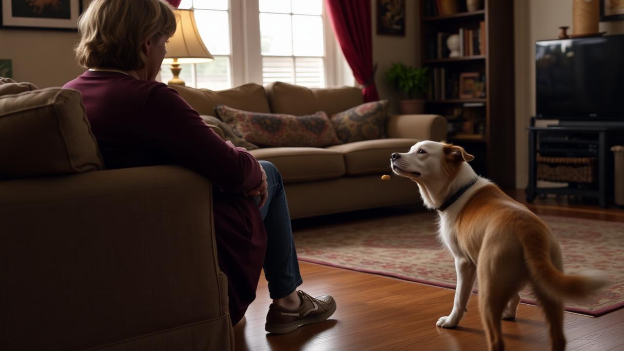 Seated guest turned sideways gently tossing a treat onto the floor away from themselves toward a dog
