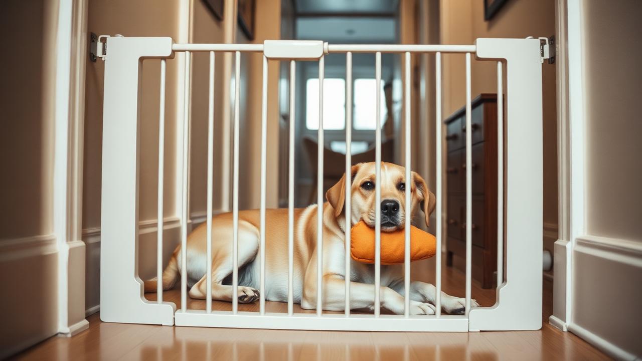 Relaxed dog lying behind a baby gate in a hallway chewing a stuffed food toy