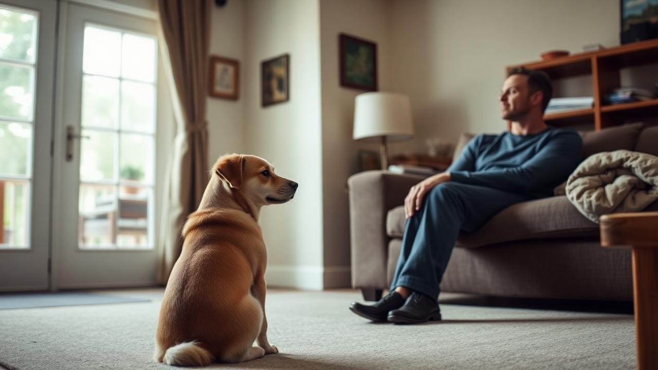 Dog sitting at a distance in a living room watching a seated visitor