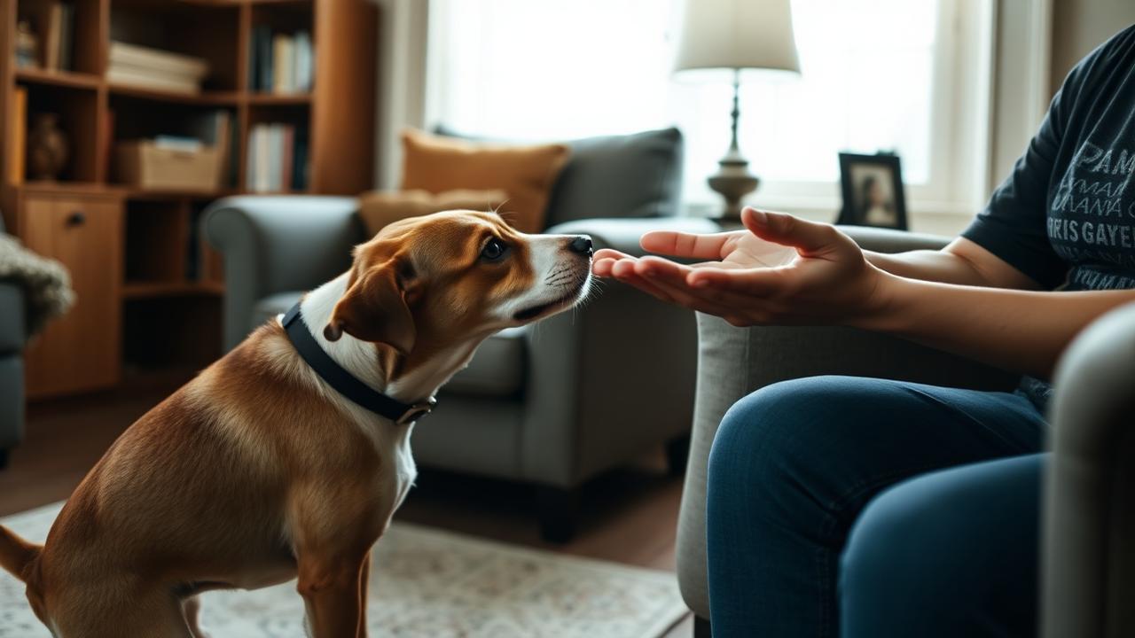 Small pieces of food scattered on a floor between a seated person and a dog stepping forward to eat