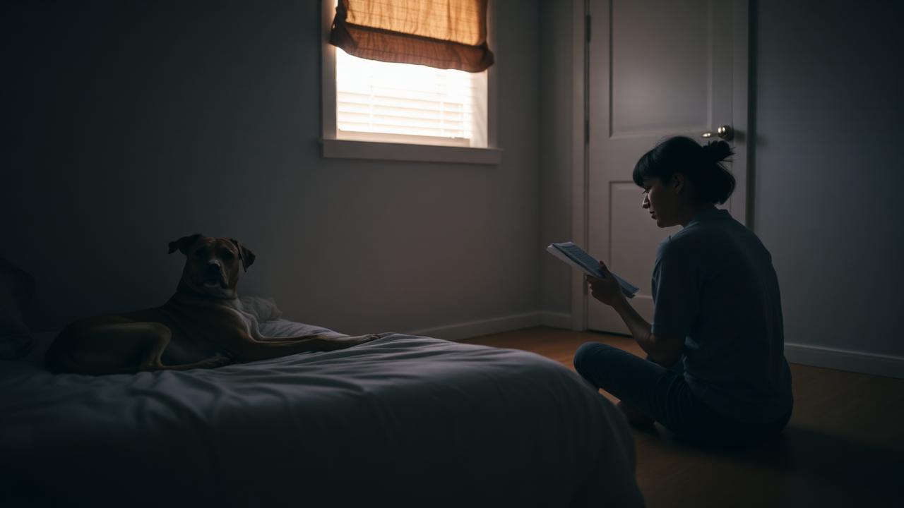 Dog lying in the corner of a room while a person sits at a distance facing away