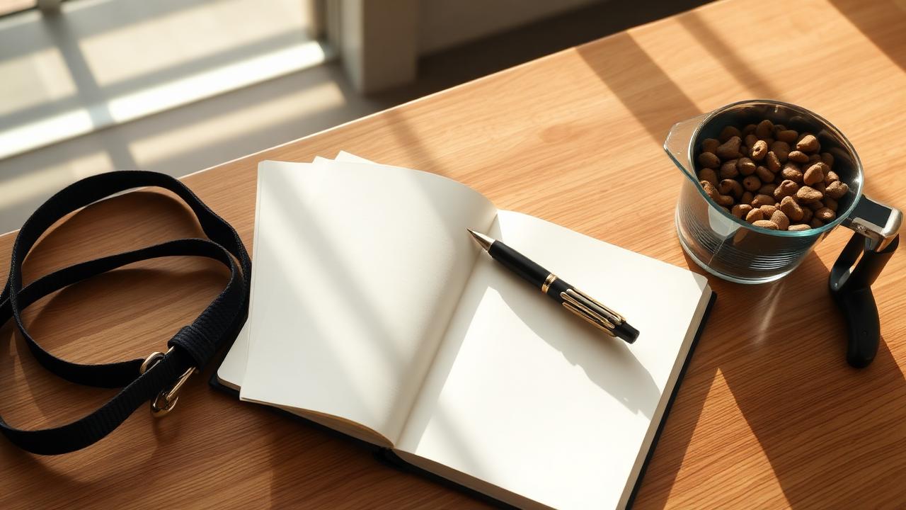 Open notebook on a table with dated handwritten observations beside a dog lead and a treat pouch