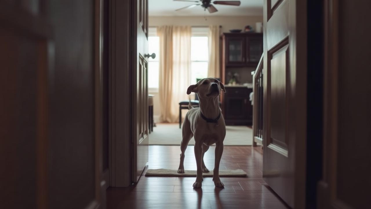 Adult rescue dog standing calmly on a lead in a quiet residential street