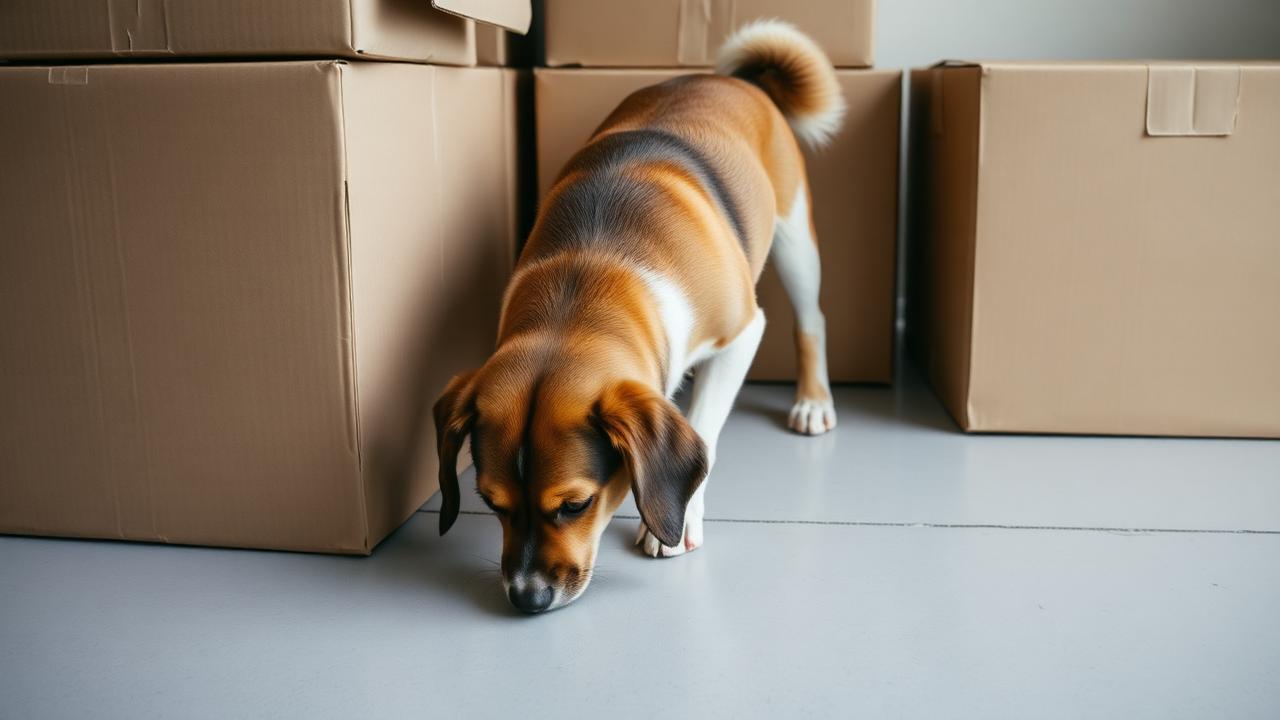 Dog standing beside a service harness on the floor showing hesitant body language with a lowered head and tucked tail