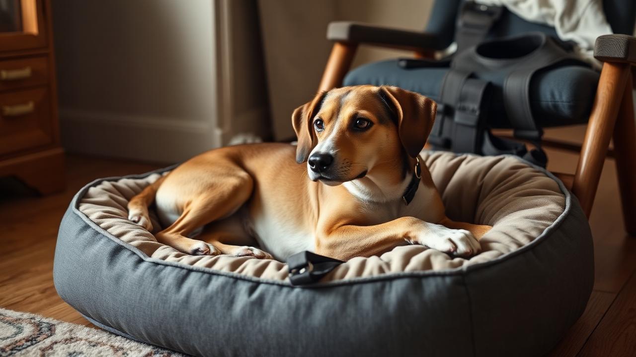 Dog lying relaxed on a rug with a working harness set aside in the background