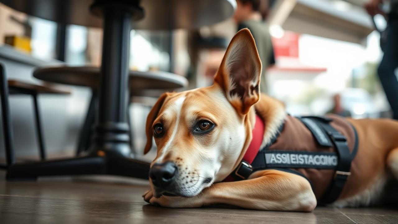 Assistance dog in a vest lying under a cafe table with ears back and a slightly tense expression