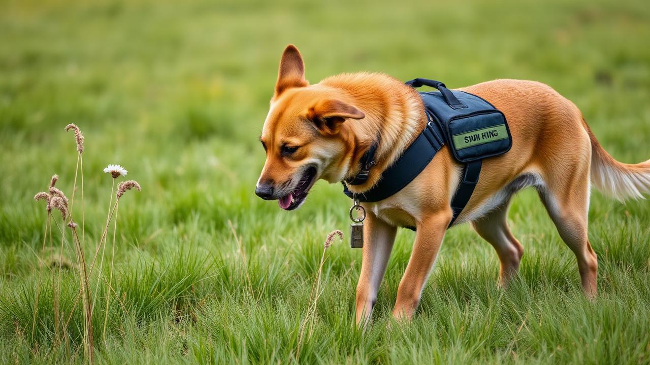 Off-duty working dog sniffing freely through grass in an open field without a vest