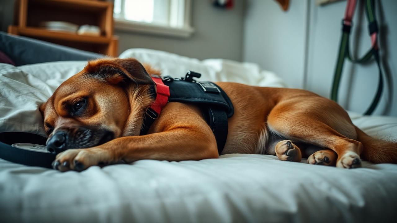 Working dog resting on a bed at home with its harness hung on a hook nearby