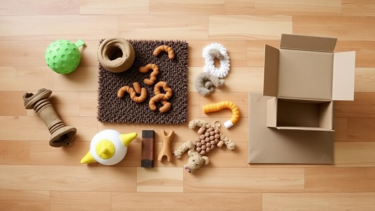 Overhead view of safe puppy enrichment items laid out on a wooden floor including a rubber toy, snuffle mat, cardboard box and chews