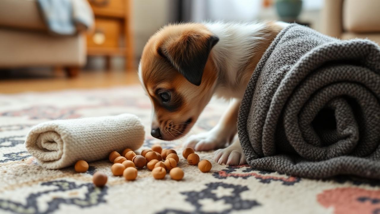 Small puppy sniffing out pieces of kibble from a rolled towel on a living room rug