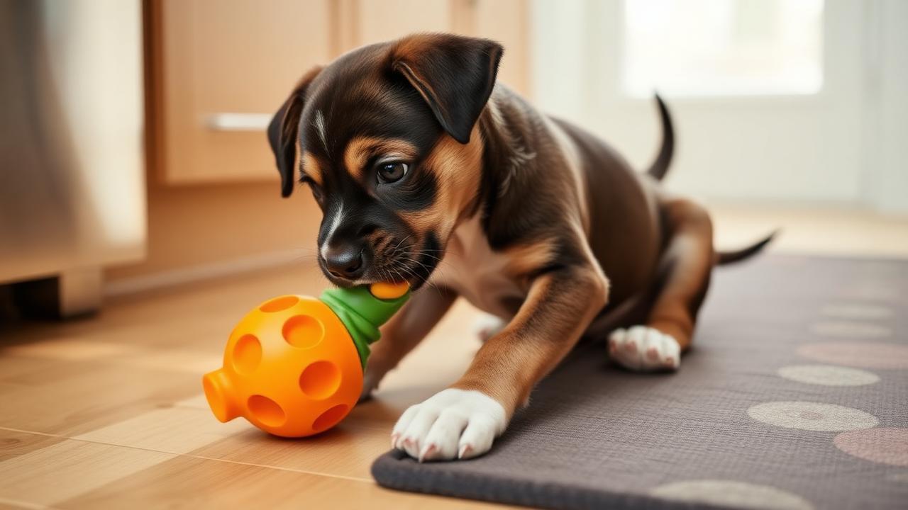 Puppy chewing a rubber food-stuffed toy on a kitchen floor beside a snuffle mat