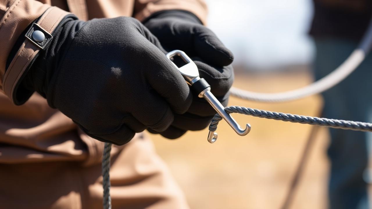 Gloved hands holding the clip of a coiled long training line ready to attach to a harness