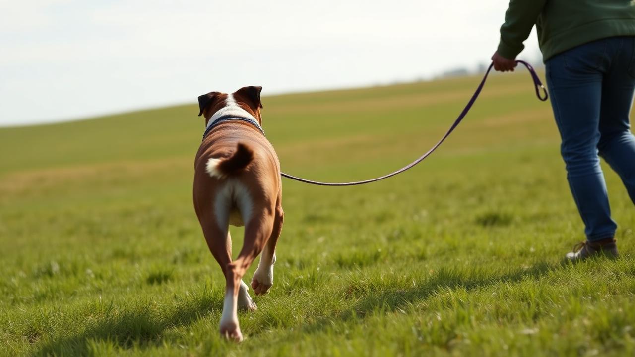 Dog running back across a field toward its handler with a long line trailing on the grass