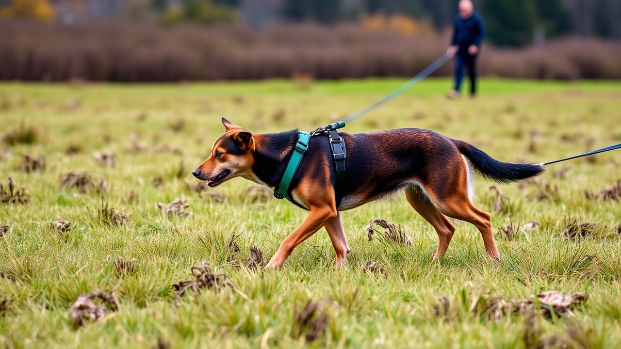 Dog exploring a grassy field on a long training line attached to a harness