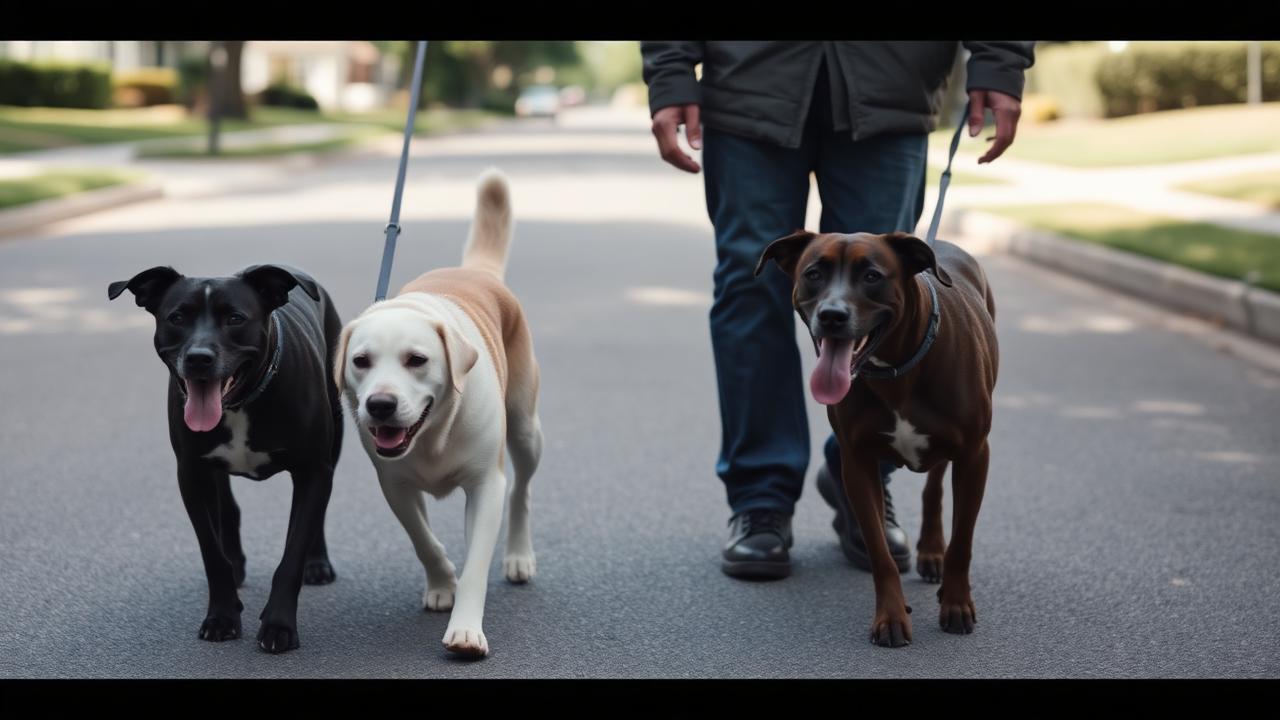 Two dogs walking in the same direction on separate leashes with a person between them on a quiet street