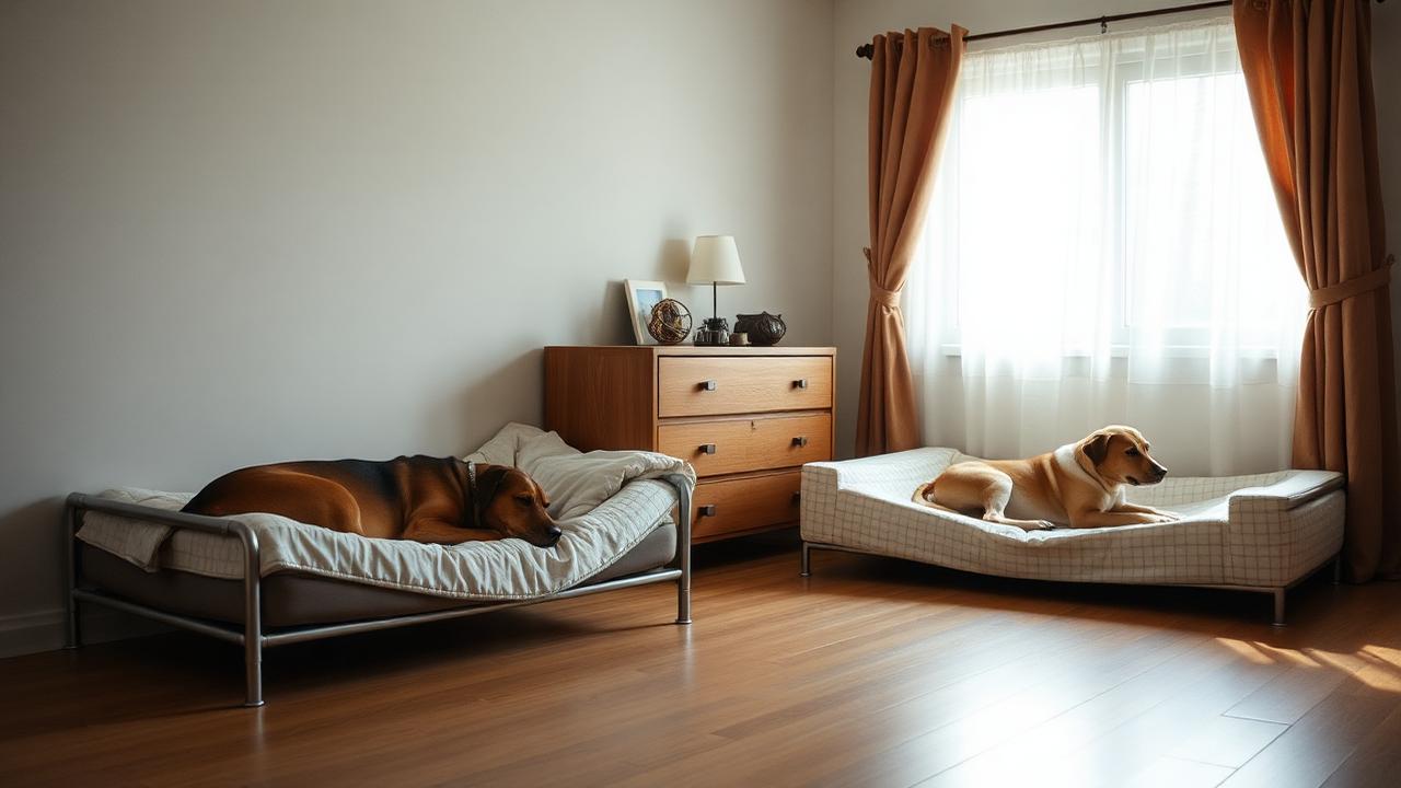 Two dogs resting on separate beds in opposite corners of a quiet room