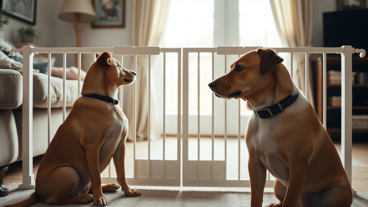 Two dogs on opposite sides of a baby gate in a living room, both calm